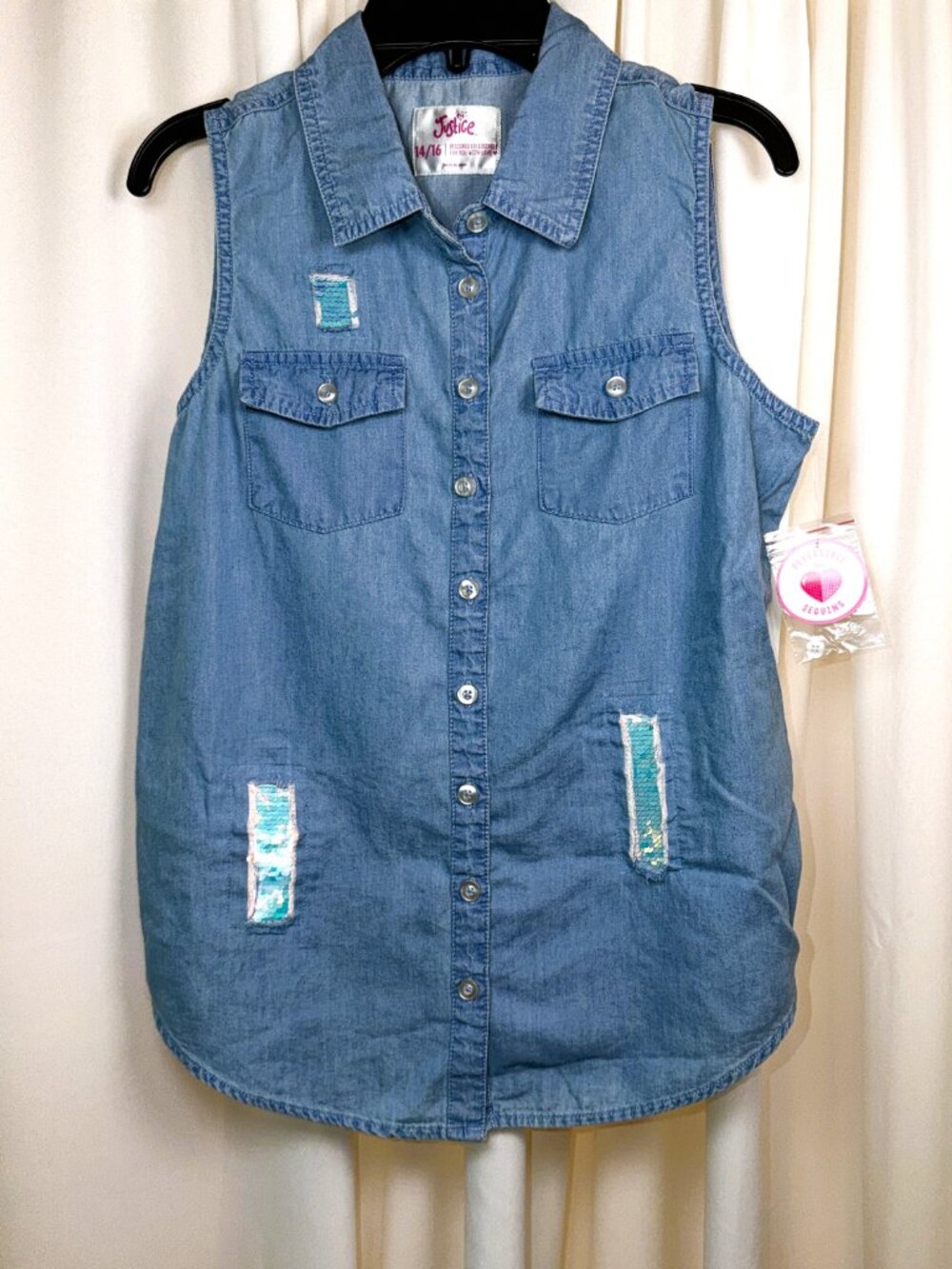 NWT Girls Justice Reversible Sequins Light-Wash Denim Sleeveless Tank Top 14/16